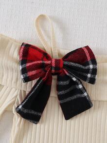 Christmas Girls' Autumn/Winter Spaghetti Strap Off-Shoulder Bow Top And Plaid Skirt Set - Multicolor - View 5