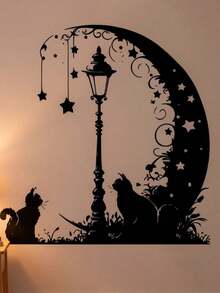 Black Moon Aesthetic Pattern Street Lamp Cat Wall Sticker, Decorative Bedroom Living Room Kitchen Dining Room Self-Adhesive Painting, Removable PVC Wall Decal - B - View 8