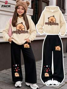 Cute Cartoon Style Girls 2 Pieces Sports Set, Capybara Pattern Cropped Hoodie + Heart Cartoon Wide Leg Pants, Spring/Autumn - Apricot - View 1