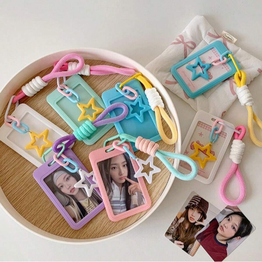 Macaron Colorful Small Card Storage Sleeve, Korean Idol Photocard Holder With Star Keychain Lanyard, Plastic Photo Card Protective Sleeve, Sweet INS Style, Suitable For Korean Entertainment Photocards, Student Campus ID Cards, Daily Collection And Display, ID Card Holder, Portable Card Sleeve, Cute Gift For Girls - A - View 1