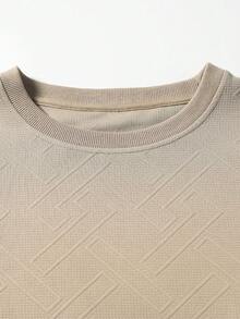 Blueprint Man 1pc Men's T-Shirt, Khaki Crew Neck Long Sleeve Top, All-Over 3D Embossed Geometric Pattern, Soft Skin-Friendly Fabric, Delicate And Soft Touch, Loose Drop Shoulder Fit, Flattering For All Body Types, Casual Slouchy, Spring/Autumn Commute, Shopping, Travel, Old Money Style - Khaki - View 6