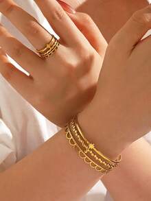 2pcs/Set Stainless Steel Minimalist Fashion Geometric Star Bracelet & Ring Set, Suitable For Women's Daily Wear - Multicolor - View 1