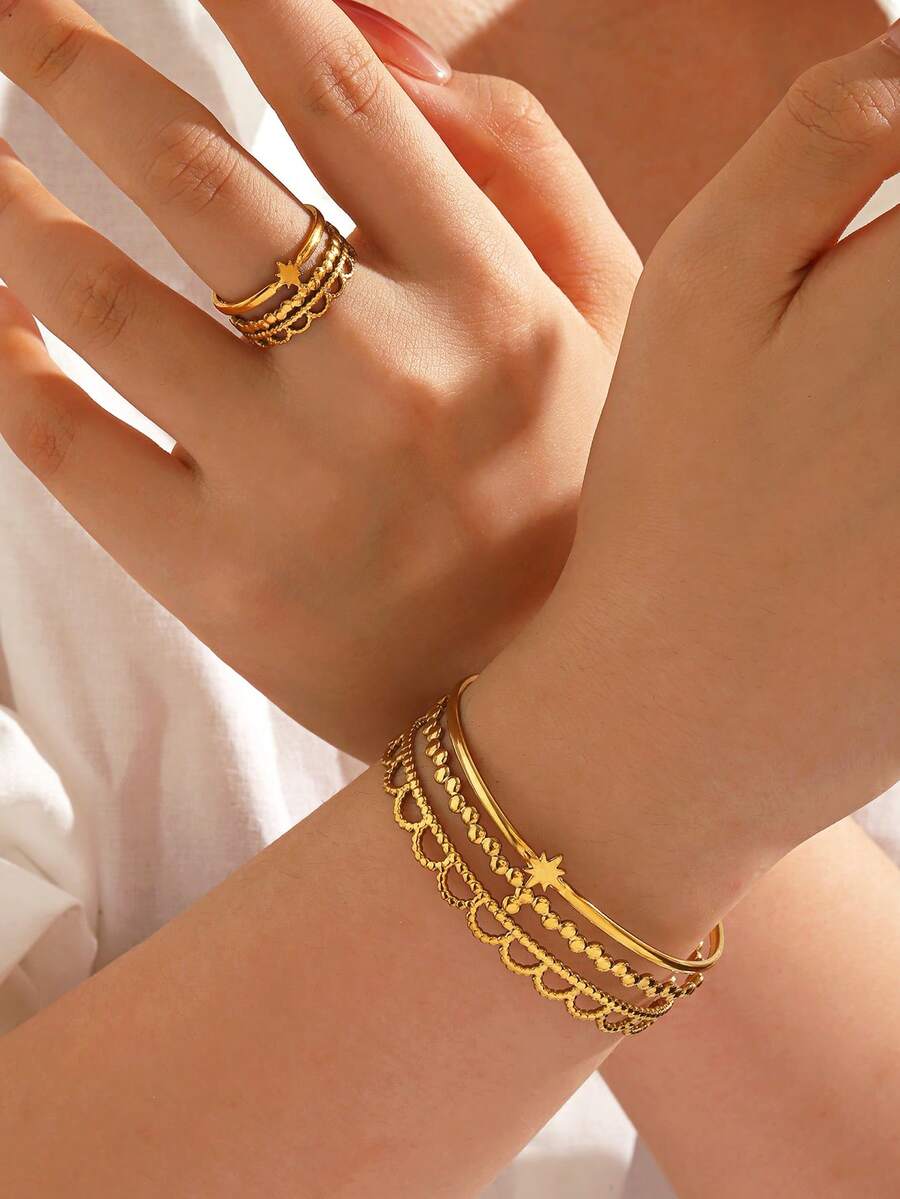 2pcs/Set Stainless Steel Minimalist Fashion Geometric Star Bracelet & Ring Set, Suitable For Women's Daily Wear - Multicolor - View 1