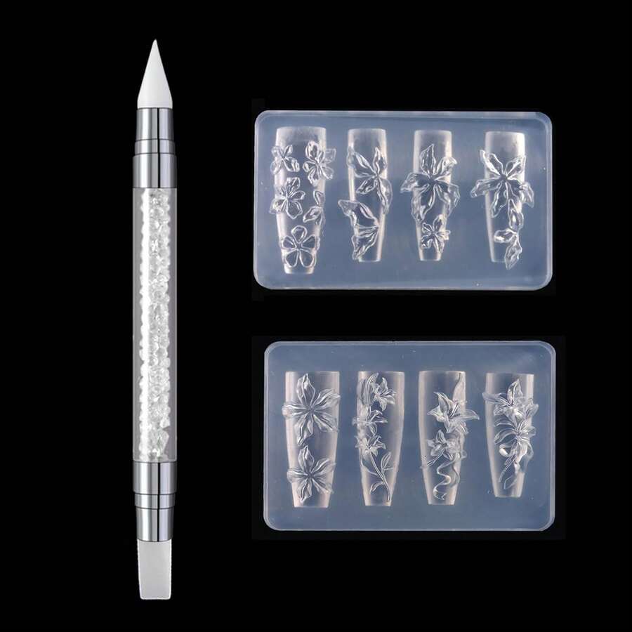 2Pcs 3D Flower Silicone Nail Mold With Dual‑Ended Wax Pen Embossed Floral Nail Art Mould Carving Tool Set For DIY Nail Decoration - Multicolor - View 1