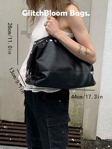 Y2K Black Rivet Shoulder Bag, Soft Slouchy PU Leather Handbag With Silver Rivets, Vintage Motorcycle Style Women's Daily Party Bag - Black - View 6