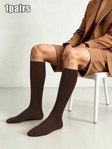 1 Pair Men's Business Vertical Striped Calf Socks, Solid Color Vertical Striped Men's Socks, High Elasticity Breathable Over-The-Knee Socks - Multicolor - View 17