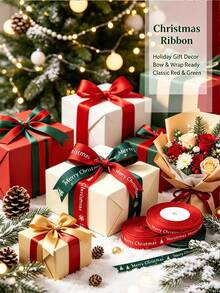 Christmas Ribbon - Red And Green Color Scheme, Printed With "Merry Christmas", Suitable For Gift Wrapping, Wreaths, Crafts, Decorations, Holiday Decor, Decorative Stripes, Smooth Surface - Multicolor - View 4