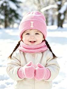 4pcs Set 26 Alphabet Children Hat Scarf Gloves Set, Knitted Gloves Scarf Children Knitted Hat, Warm Combination, Multi-Color Soft Skin-Friendly, Winter Outdoor Outfit - Pink - View 3
