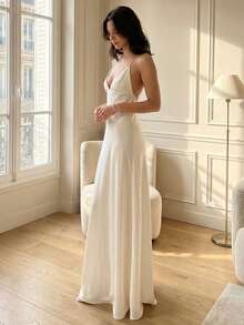 QUNGIGU Women's Sexy Satin Spaghetti Strap Backless Lace-Up V-Neck Long Formal Evening Gown, Suitable For Wedding Guest, Prom, Bridal Party - White - View 1