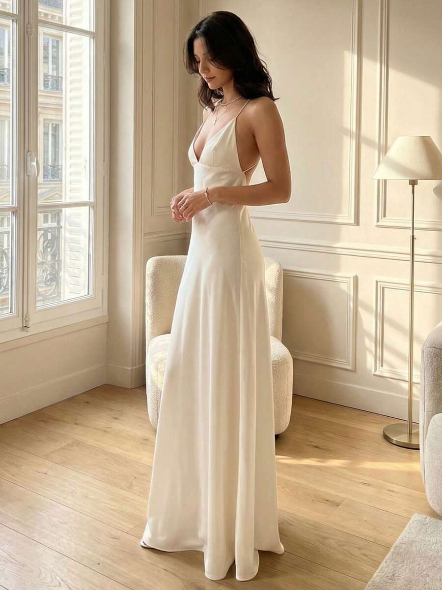 QUNGIGU Women's Sexy Satin Spaghetti Strap Backless Lace-Up V-Neck Long Formal Evening Gown, Suitable For Wedding Guest, Prom, Bridal Party - White - View 1