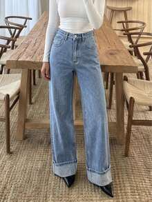 Mid-Waist Wide Leg Jeans With Waist Adjustment Buckle, Rhinestone Rolled Hem, Light Wash Loose Fit Casual - Medium Wash - View 6