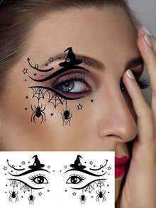 10 ورقات ملصقات وشم مؤقت للعين للهالوين، تصاميم جمجمة سوداء ويقطين وقطة وخفاش وشبكة عنكبوت، وشم مزيف مقاوم للماء والعرق لحفلات ومكياج مؤقت للوجه والعين - متعدد الألوان - مشاهدة 6