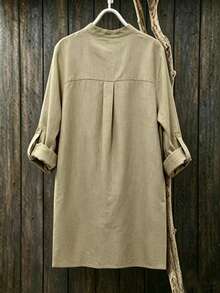 Women's Autumn Khaki Woven Long Sleeve Shirt, Roll-Up Sleeves, Stand Collar, Button Front - Camel - View 4
