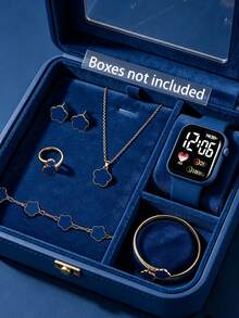 7PCS Cute Blue Silicone Square LED Electronic Watch And Alloy Five-Leaf Clover Floral Necklace Bracelet Ring Earrings Set, Gift For Kids - Blue - View 2