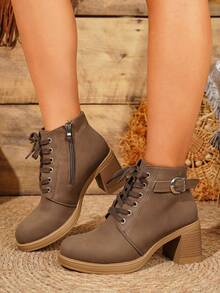 1 Pair Women's Brown Chunky Heel Ankle Boots, Lace-Up Side Zipper Buckle Round Toe Fashion Ankle Boots - Brown - View 4