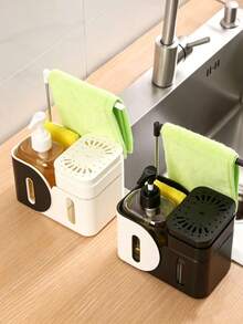 1pc Black‑White Contrast Kitchen Sink Caddy, Modern Plastic Rounded Rectangular With Soap Dispenser & Towel Rack, Multi‑Compartment Storage Soap Dispenser Box Kitchen Organizer, For Kitchen Countertop Sink Area Daily Use All‑Season Household Supply - Multicolor - View 3