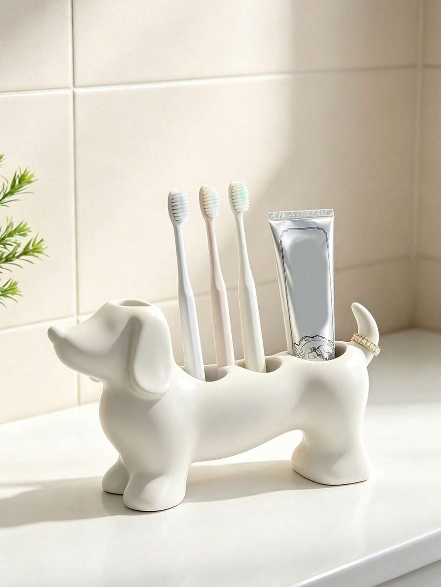Cute Minimalist Dachshund Shaped Bathroom Storage Box & Toothbrush Holder, Electric Dachshund Toothbrush Holder Storage Rack, Toothpaste & Makeup Brush Storage Base, Cute Storage Base Stand - Multicolor - View 1