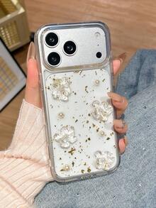 1pc Ins Style Drip Glue Pearl Glass Flower 17 Pro Max Phone Case, Apple 16 New 15 Pro Super Pretty 14 Transparent Women's 16 Plus Shell 13/12/11 Full Coverage Anti-Drop - Clear - View 1