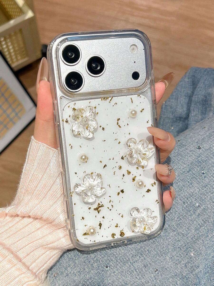 1pc Ins Style Drip Glue Pearl Glass Flower 17 Pro Max Phone Case, Apple 16 New 15 Pro Super Pretty 14 Transparent Women's 16 Plus Shell 13/12/11 Full Coverage Anti-Drop - Clear - View 1