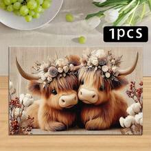 1/4/6pcs Autumn Series Highland Long-Haired Cow Floral Pattern Printed Placemats, Heat-Resistant Table Mats For Home Kitchen/Table Protection, Kitchen Dining Table Party Scene Decoration - Multicolor - View 14