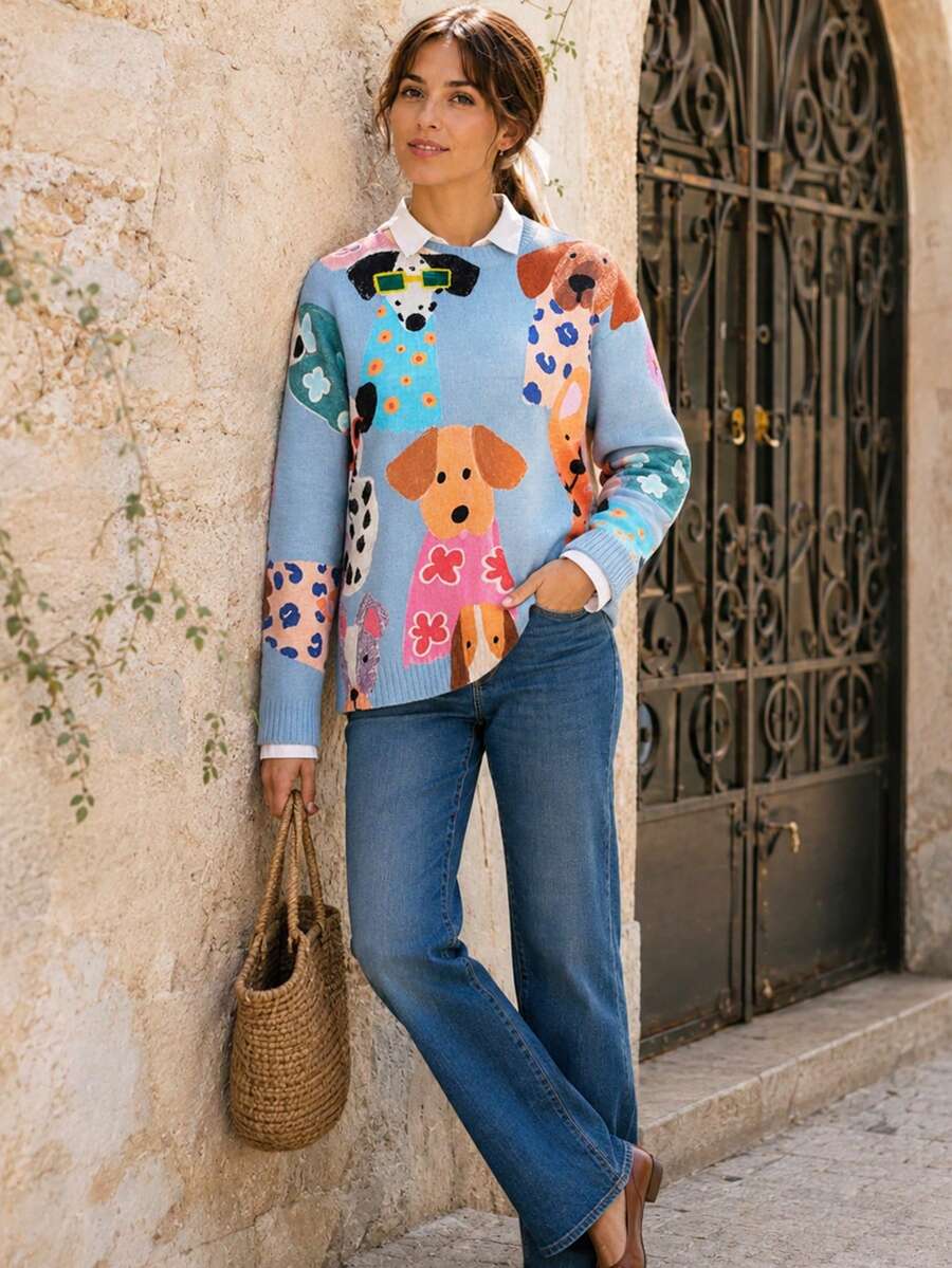 [All-Over Print][Lightweight]Autumn/Winter Casual Cute Puppy Pattern Crew Neck Knit Fashion Women's Lightweight Sweater, Suitable For Outings Fall - Baby Blue - View 1