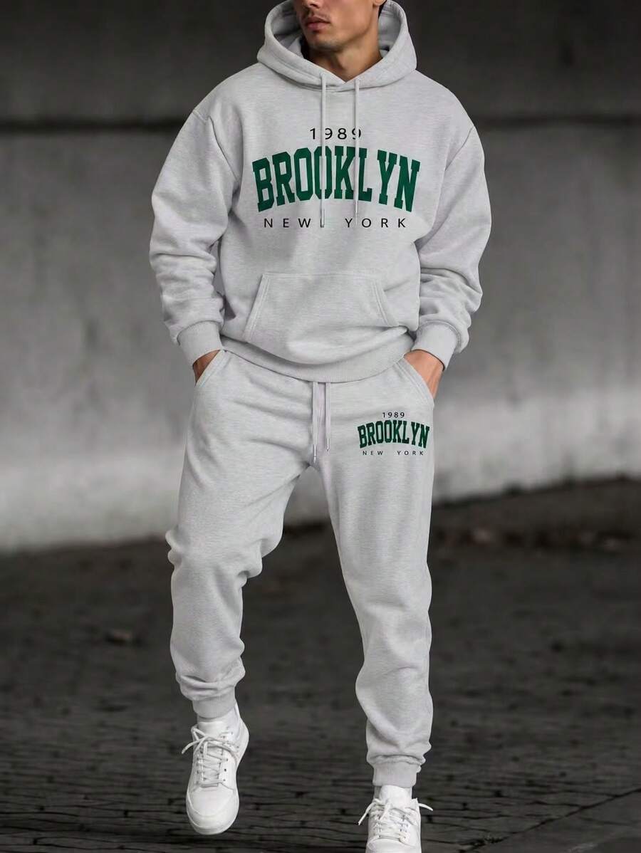 Men's 2 Piece Outfit, Solid & Print Hoodie Sweatpants Set, Casual Elastic Waist Tracksuit For Daily Lounge Street Wear - Light Grey - View 1
