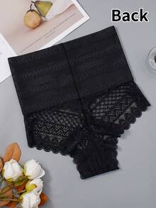 大尺碼高腰塑形蕾絲內褲 性感丁字褲 無縫收腹 G-String 顯瘦緊身女款內衣 - 黑色 - 查看 6