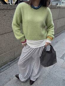 Women's Cozy Knitwear Round Neck Drop Shoulder Long Sleeve Regular Length Sweater, Perfect For Fall Daily Wear - Olive Green - View 3