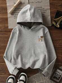 1pc Printed Warm Thick Thermal Lining Hooded Sweatshirt For Teenage Girls, Student Children Clothing, Suitable For Children Autumn/Winter Long Sleeve Top - Grey - View 4