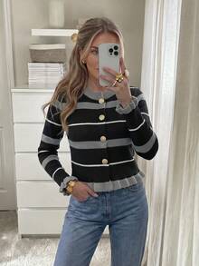 女款秋冬休閒優雅荷葉邊裝飾彩色條紋對比領開襟衫上衣，戶外穿著，返校穿搭 - 黑色 - 查看 9