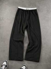 Men's Double Waistband Wide Leg Sweatpants, Fleece Lined, Drawstring Elastic Waist, Casual Loose Fit With Pockets, Streetwear Style For Daily Wear - Black - View 8