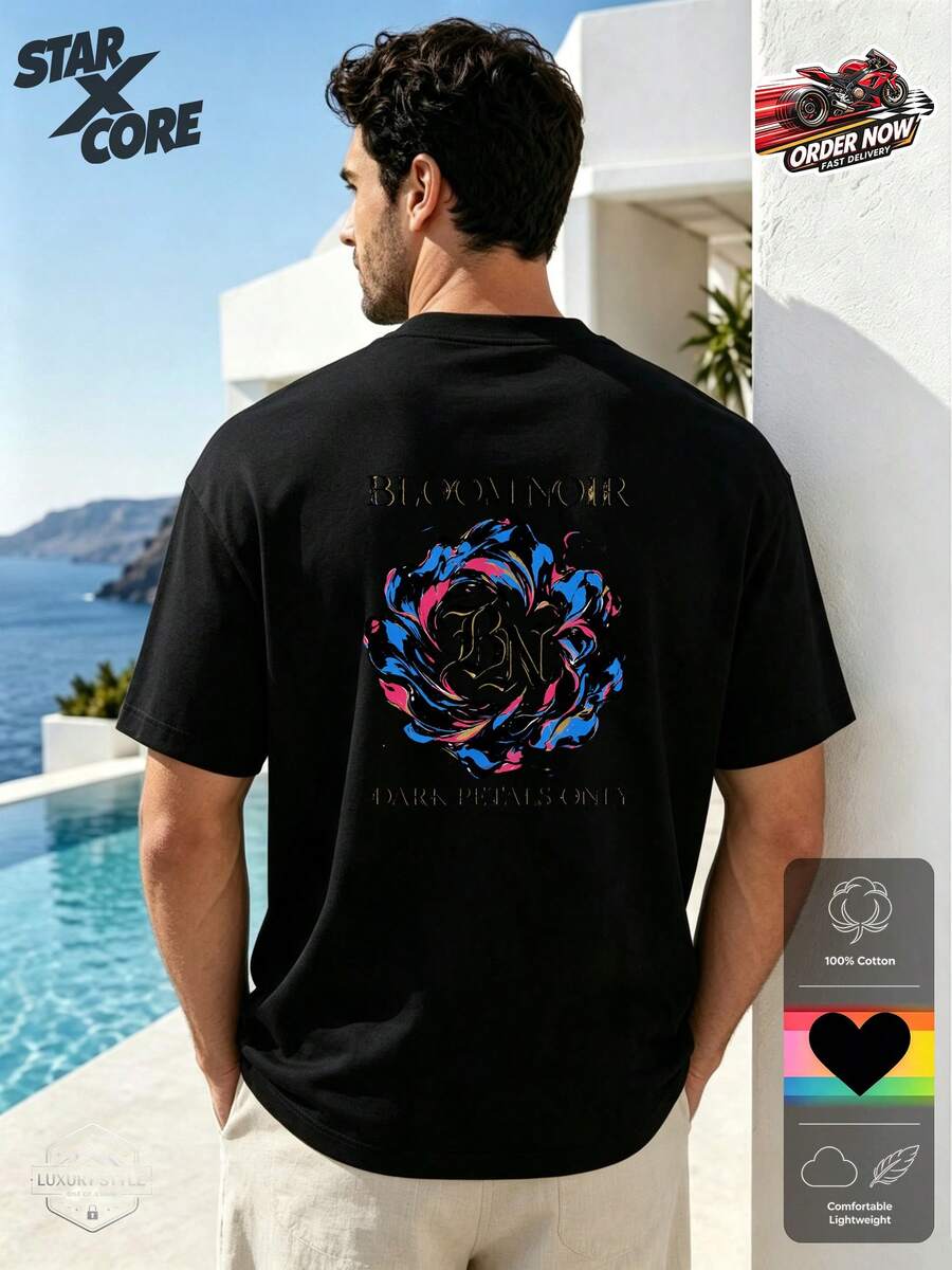 Bloom Noir Dark Petals Floral Art Graphic Gothic Aesthetic Summer Fitted Cotton Short Sleeve Tee, Men Street Style Casual Wear - Black - View 1
