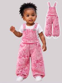 Baby Girl Y2K Denim Overalls, Infant Toddler Pink Stars Washed Baggy Jeans Jumpsuit, All Season Cute Bib Pants Playsuit For 6 Months To 3 Years - Pink - View 4