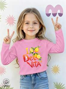 Girls Cotton Raglan Long Sleeve Tee For Fall Winter, Cartoon Lemon Print With 'I Delo Vita' Text, Cute Sweet Preppy Style - Light Wine Red - View 2