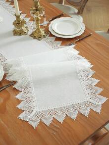 White Water‑Soluble Lace Table Runner, Solid Plain Polyester Table Runner With Geometric Fan‑Shaped Lace Trim, Boho Farmhouse Dining Table Decor For Party Wedding Home Decoration - White - View 5