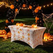 1pc Ghost Pumpkin Pattern Printed High Elasticity Tablecloth With Elastic Band - Stretchable Fit, Washable And Reusable Table Cover For Dining Table, Buffet Table, Dessert Table, Banquet, Holiday Party Decoration, Halloween, Birthday, Wedding - Suitable For Kitchen Use - Multicolor - View 5