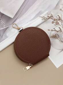 Personalized Leather Earphone Case, Gold Foil Stamping, Custom Name Coin Purse, Round Earphone Storage Case, Mini Keychain Wallet - Pink - View 3