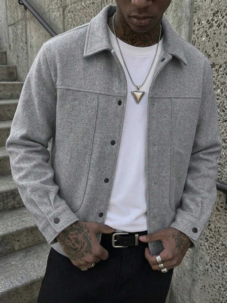Chaqueta de mezcla de lana para hombre otoño/invierno con cuello de camisa, frente abierto, manga larga, unicolor, top de moda - Gris - Ver 1
