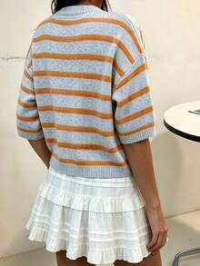 Women's Round Neck Contrast Color Striped Short Sleeve Knit Top, Colorblock Drop Shoulder Loose Casual Versatile Fashion Sweater, Autumn/Winter - Multicolor - View 2