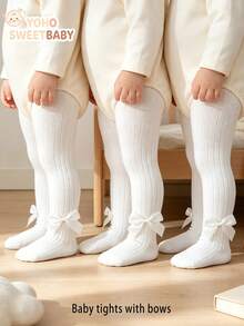 3/1pc Women Baby Bowknot Tights, Spring/Autumn Ribbed Vertical Stripe Leggings, Newborn Infant Princess Style Versatile Elastic Tights - White - View 2