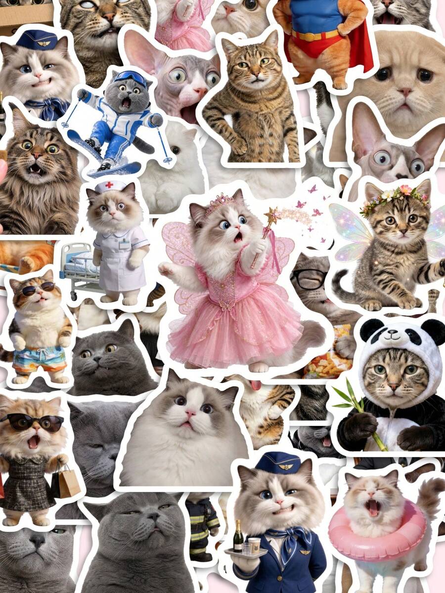 50Pcs PP Hilarious Role‑Play Cat Stickers, Prints Of Adorable Cats In Various Outfits And Expressions, Suitable For Journals, Skateboards, Guitars, Laptops, Tablets, Power Banks, Helmets, Luggage, Water Bottles, Earphone Cases - Multicolor - View 1