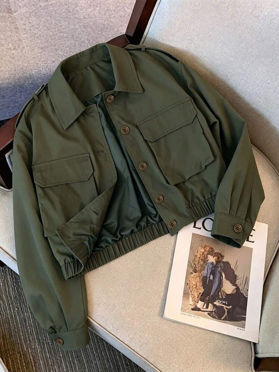 Women's Elegant Vintage Fashion Double Pocket Button Design Solid Color Versatile Short Jacket Coat Spring Autumn Casual Daily Wear Woven Fabric Button Pocket Holiday Vacation Travel - Army Green - View 1