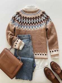 Women's Vintage Fair Isle Pattern Long Sleeve Pullover Sweater, Knitted Medium Stretch Regular Fit Winter Knitwear - Khaki - View 3
