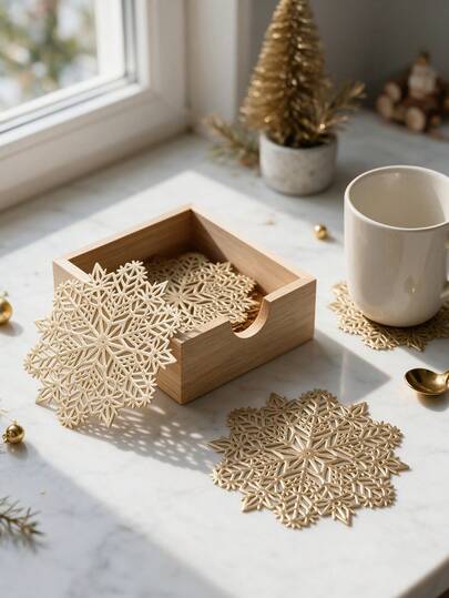12pcs, Christmas, Gold Hollow PVC Drink Coasters, Washable Table Decor, Non-Slip Tableware Mats, Breathable Heat Dissipation Cup Holders, Lightweight And Easy To Store, Suitable For Restaurants, Cafes, Homestays, Applicable For Afternoon Tea, Holidays, Parties, Gatherings, Weddings, Dinner Parties.