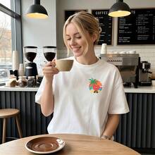 Vacation Cotton Short Sleeve T‑Shirt, Front Back Palm Flower Spanish Slogan Print Tee For Travel Casual Wear - White - View 2