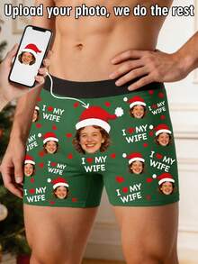 1pc Customized Men's Boxer Briefs With Personalized Photo "I Love My Wife" Christmas Print, Humorous Holiday Creative Gift - Multicolor - View 1