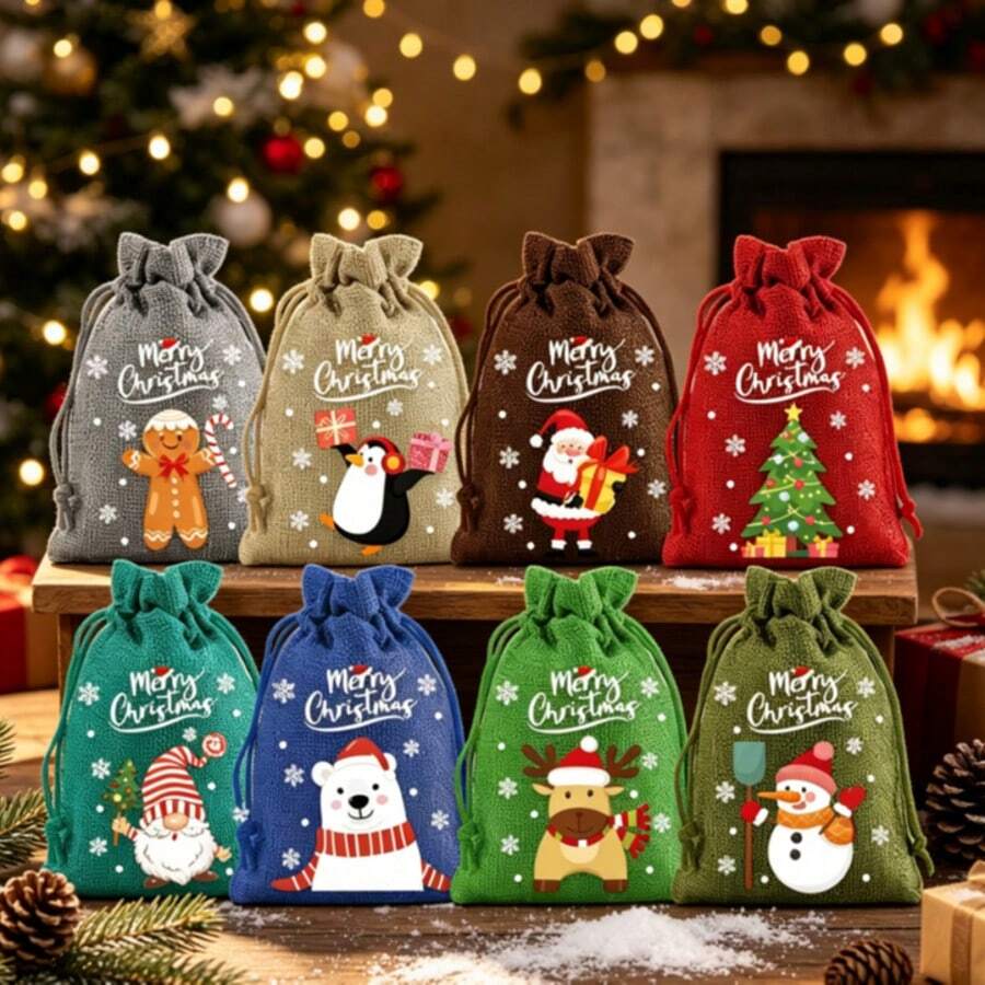 1pc Colorful Christmas Linen Gift Bag,Santa Claus Drawstring Pouch,Suitable For Holiday Party Gifts And Jewelry Storage,Perfect For Christmas And New Year Party Supplies - Multiple Styles - View 1