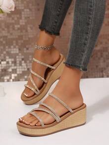 WomenEmbossed Wedge Slide Sandals, Open‑Toe Slip‑On Summer Platform Slippers - Silver - View 2