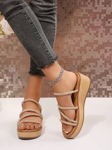 WomenEmbossed Wedge Slide Sandals, Open‑Toe Slip‑On Summer Platform Slippers - Silver - View 4