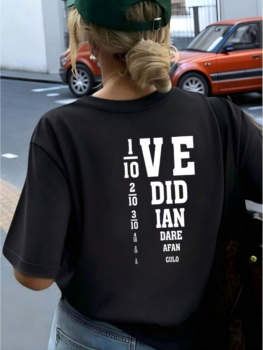 Urban Utility Cotton T‑Shirt, Edgy Vertical Fraction Number Letter Mix Back Graphic, Casual For Date Weekend Holiday Looks - Black - View 1